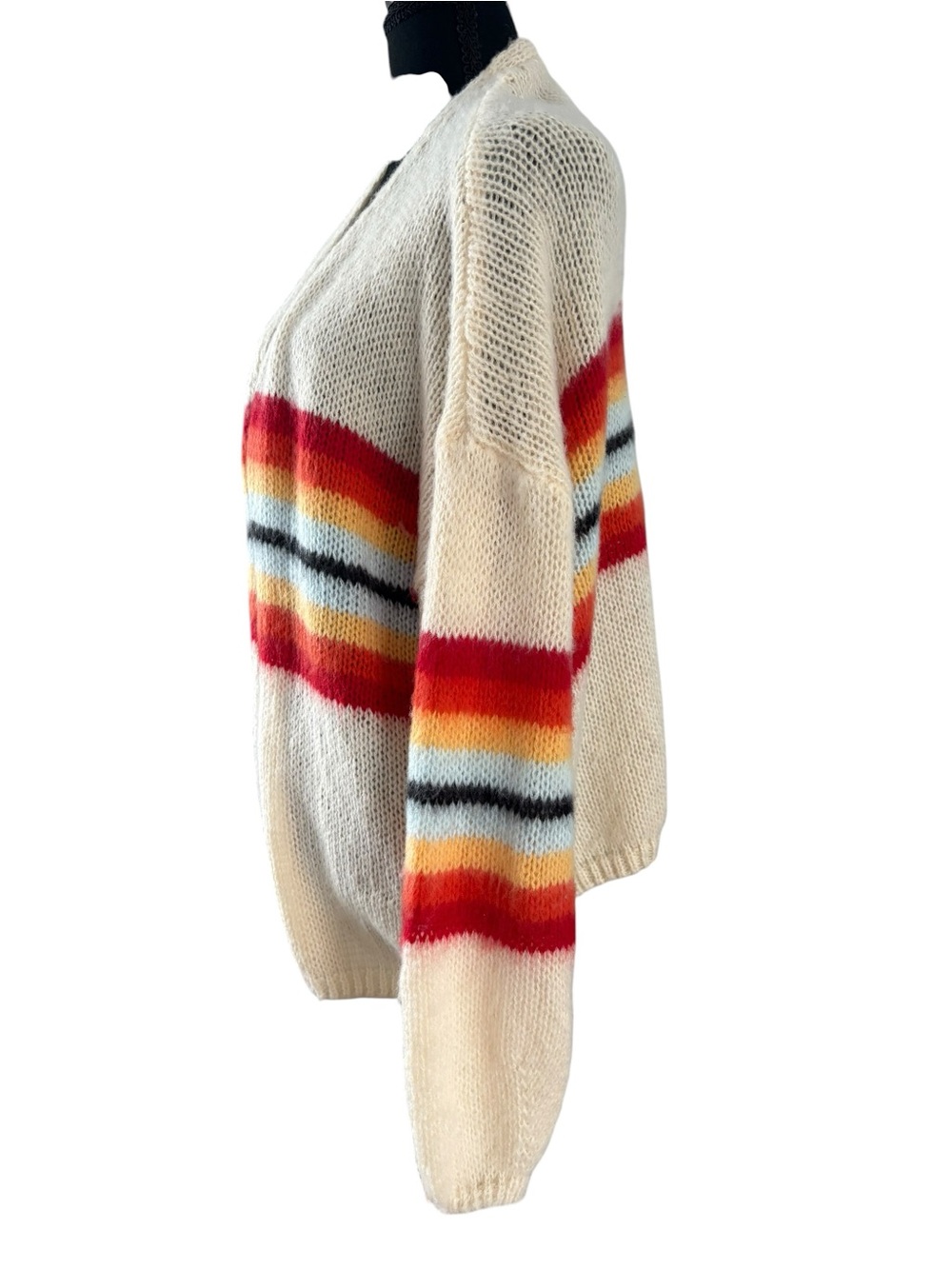 Cream Open-Front Cardigan with Multicolor Stripe Accents - Picture 3 of 8